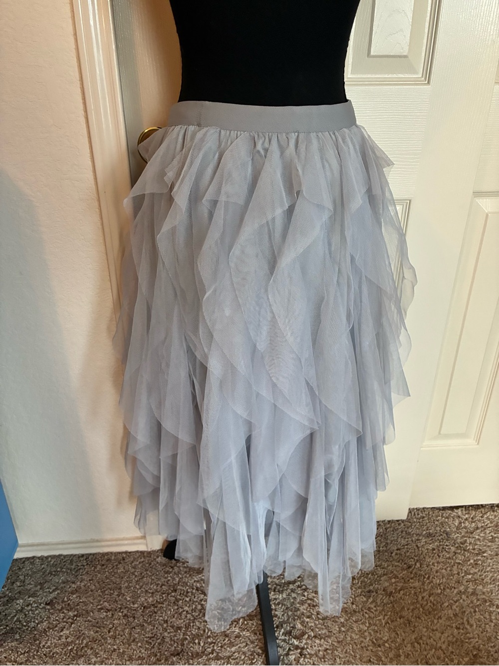 Layered Tulle Midi Skirt in Light Gray